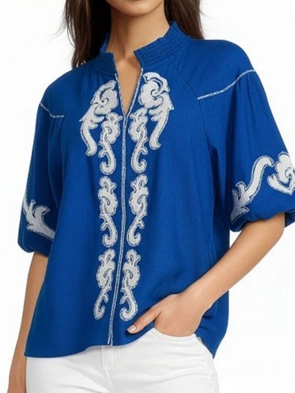 Tru Luxe Jeans Royal Blue Embroidered Tunic Top